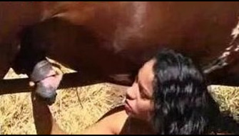 A slutty girl with beautiful hair licks a horses cock and sucks